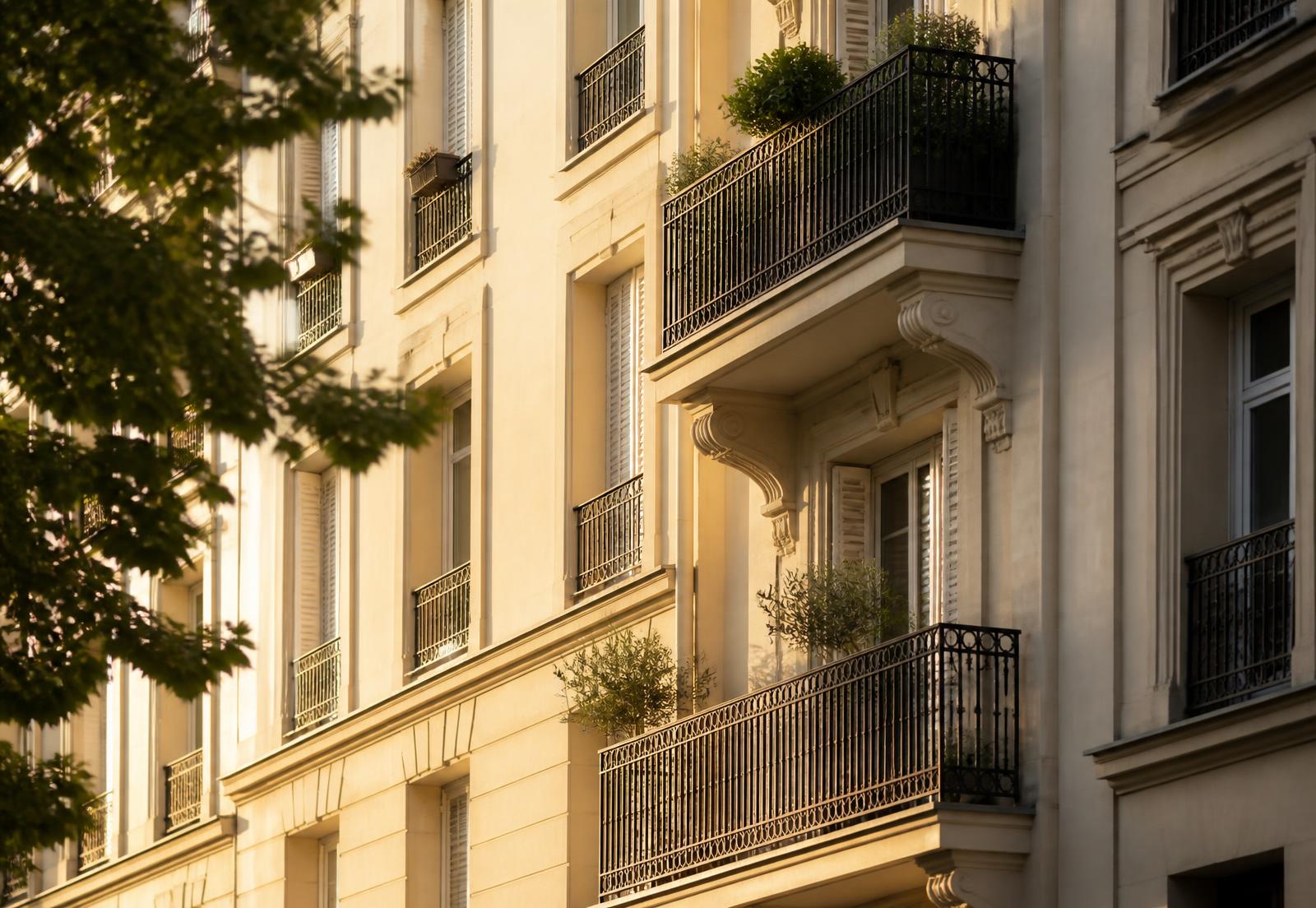Façade d'une résidence en copropriété au soleil de fin de journée